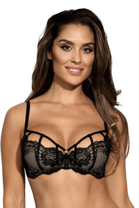 Sensual Axami Valentina black lace caged demi bra with decorative straps and padded cups.