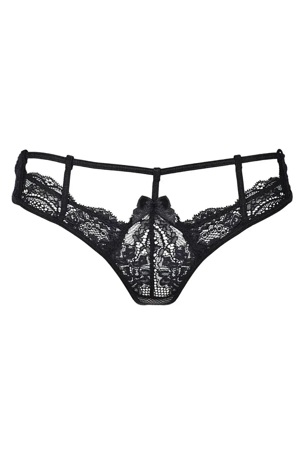 Axami Valentina Caged Thong: black delicate lace, unique caged design, and sweet bow detail.