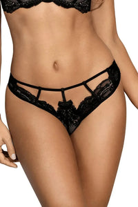 Axami Valentina black caged thong with delicate lace, bow, and seductive cutouts.