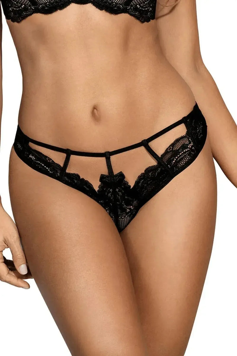 Axami Valentina black caged thong with delicate lace, bow, and seductive cutouts.