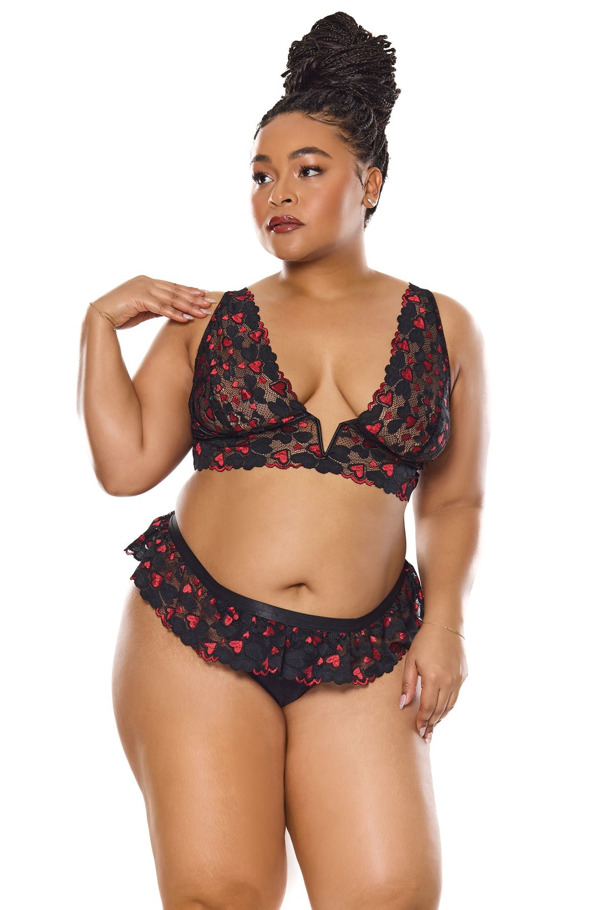 Valentine Hearts Lace V-Wire Bralette Bra Set