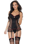 Coquette Stretch Knit Ruffle Hem Ribbon Gartered Chemise Black
