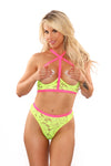 Glow Black Light Persuasive Open Cup Bra & Panty Neon Green