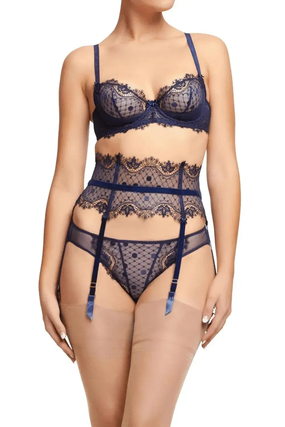 Dita Von Teese Vedette Navy Bikini Panty with sheer polka dot tulle, eyelash lace, and flattering ruched center.