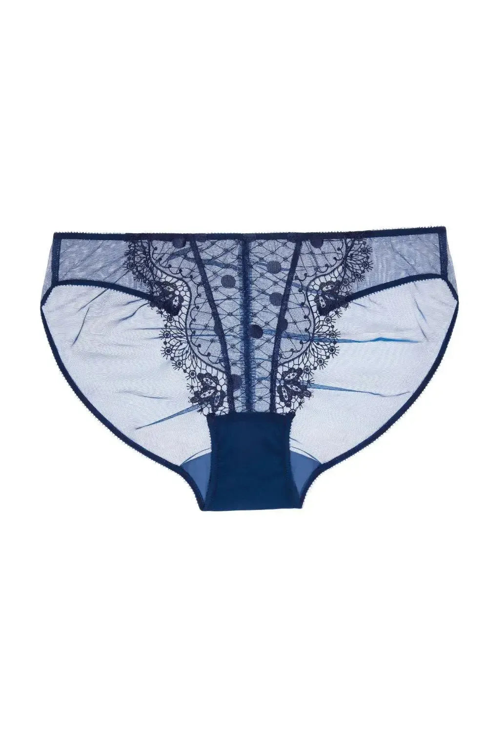 Navy Vedette Bikini Panty with sheer polka dotted tulle, eyelash lace, and ruched center seam.