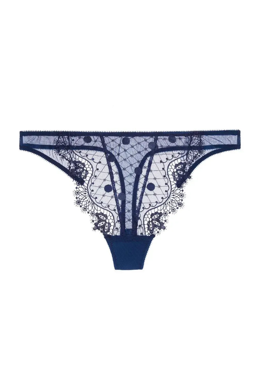 Dita Von Teese Vedette Navy G-String Panty with sheer polka dot tulle and elegant eyelash lace trim.