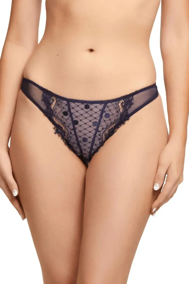 Navy Vedette G-String Panty with sheer polka dotted tulle and eyelash lace trim.