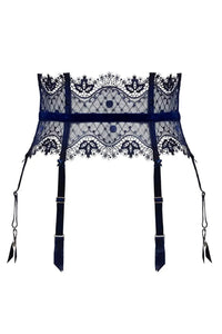 Dita Von Teese Vedette high-waisted navy suspender belt with polka dot lace, velvet straps, and garters.