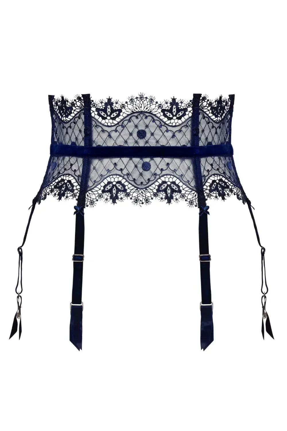 Dita Von Teese Vedette high-waisted navy suspender belt with polka dot lace, velvet straps, and garters.