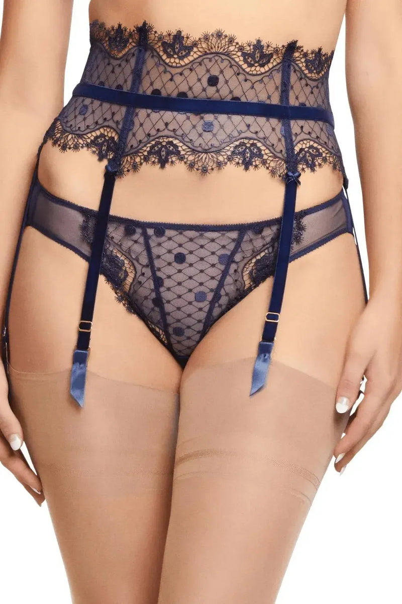 Dita Von Teese Vedette high-waisted navy suspender belt with polka dot sheer tulle, eyelash lace, and velvet straps.