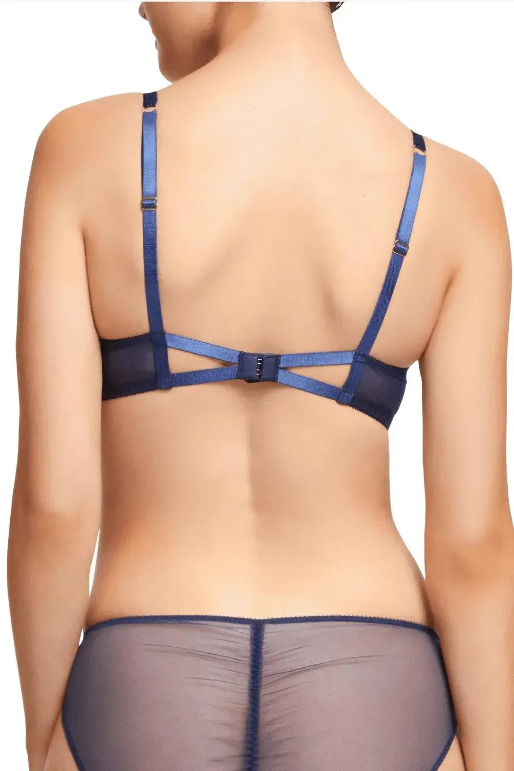 Dita Von Teese Vedette Underwire Bra in Navy, featuring a cutout back band and velvet straps.