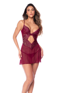 Velvet Hour Lace Up Back Babydoll & Thong Burgundy - Mapale
