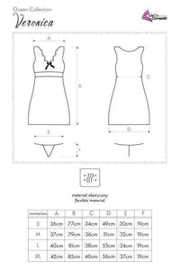 Veronica viscose chemise size chart with measurements for S, M, L, XL.