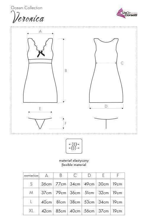 Veronica viscose chemise size chart with measurements for S, M, L, XL.