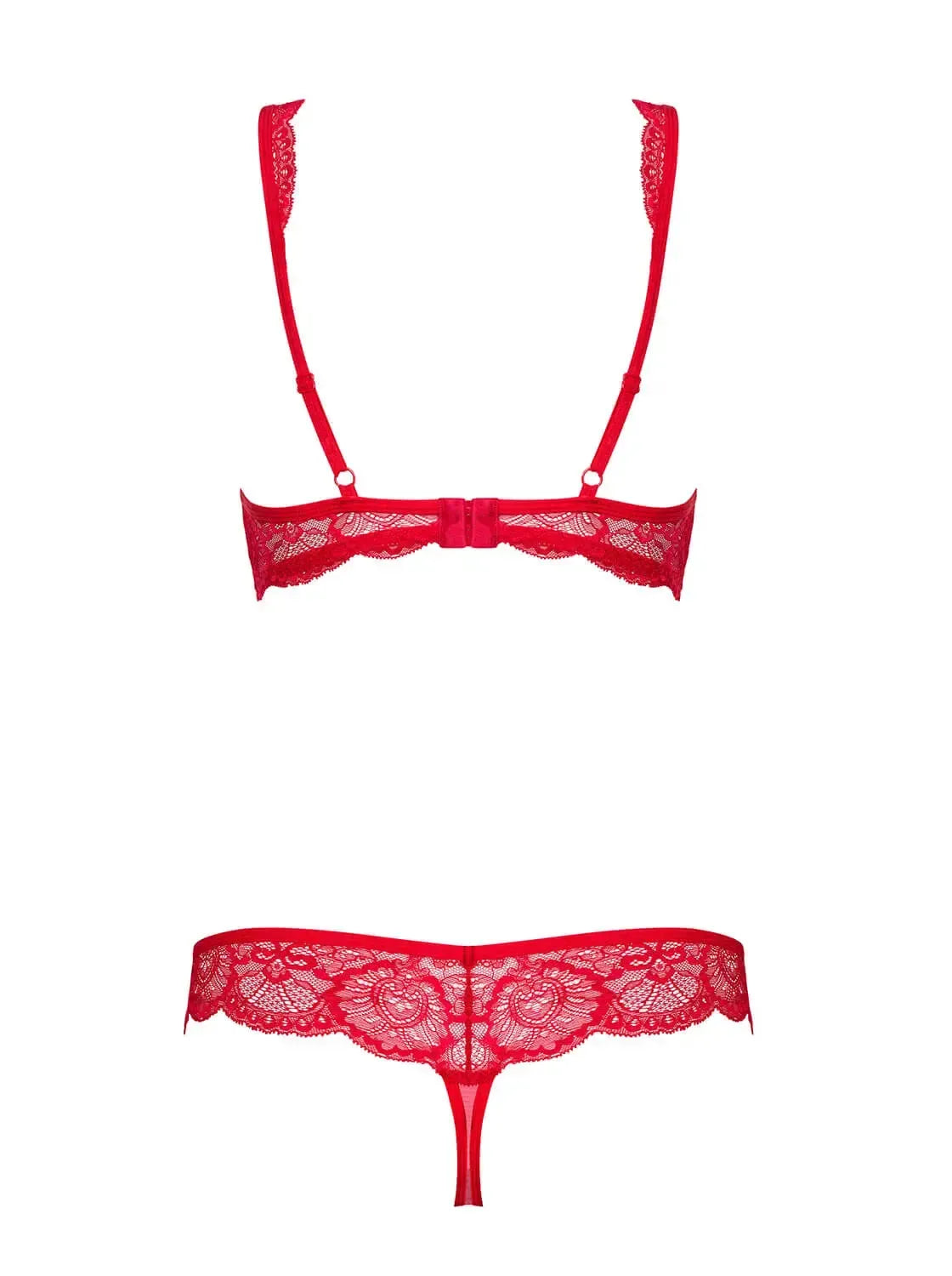 Fabulous red lace plunge bra and matching thong set, perfect for a spicy, elegant night.