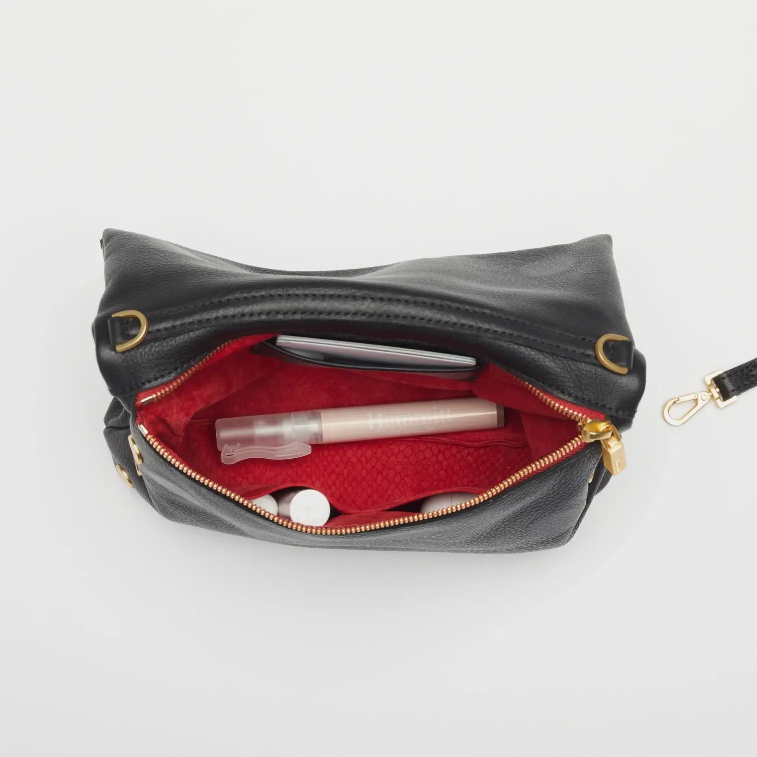 VIP Med Zippered Leather Crossbody Clutch Black/Brushed Gold Red Zip-Rebel Romance