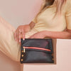 VIP Med Zippered Leather Crossbody Clutch Black/Brushed Gold Red Zip-Rebel Romance