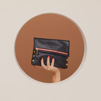 VIP Med Zippered Leather Crossbody Clutch Black/Brushed Gold Red Zip-Rebel Romance