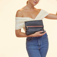 VIP Med Zippered Leather Crossbody Clutch Black/Brushed Gold Red Zip-Rebel Romance
