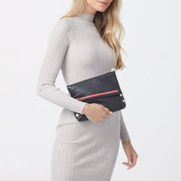 VIP Med Zippered Leather Crossbody Clutch Black/Brushed Gold Red Zip-Rebel Romance