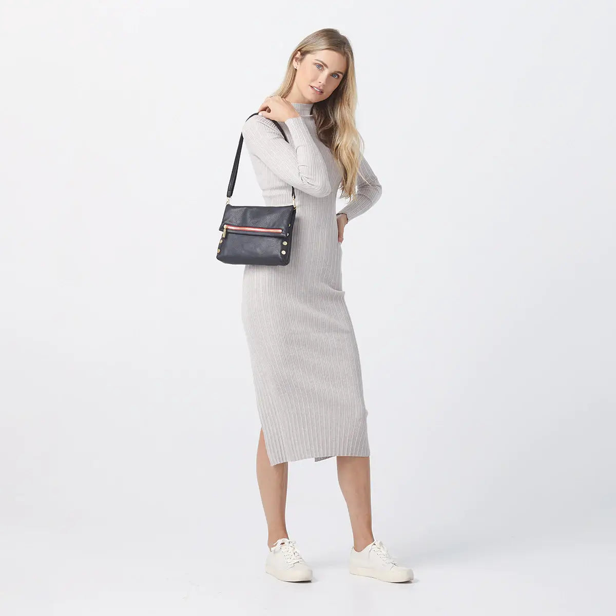 VIP Med Zippered Leather Crossbody Clutch Black/Brushed Gold Red Zip-Rebel Romance