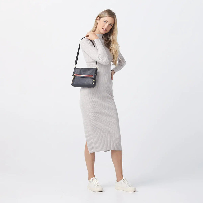 VIP Med Zippered Leather Crossbody Clutch Black/Brushed Gold Red Zip-Rebel Romance