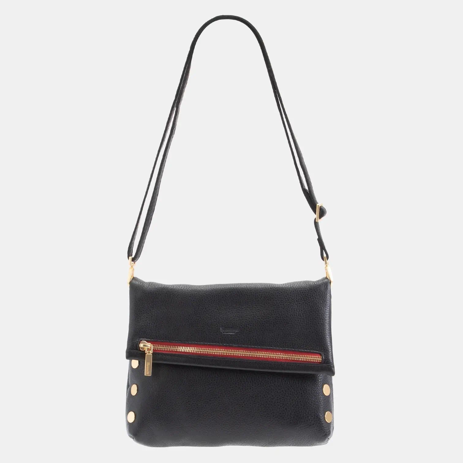 VIP Med Zippered Leather Crossbody Clutch Black/Brushed Gold Red Zip-Rebel Romance