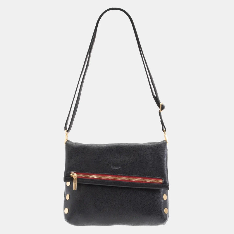 VIP Med Zippered Leather Crossbody Clutch Black/Brushed Gold Red Zip-Rebel Romance