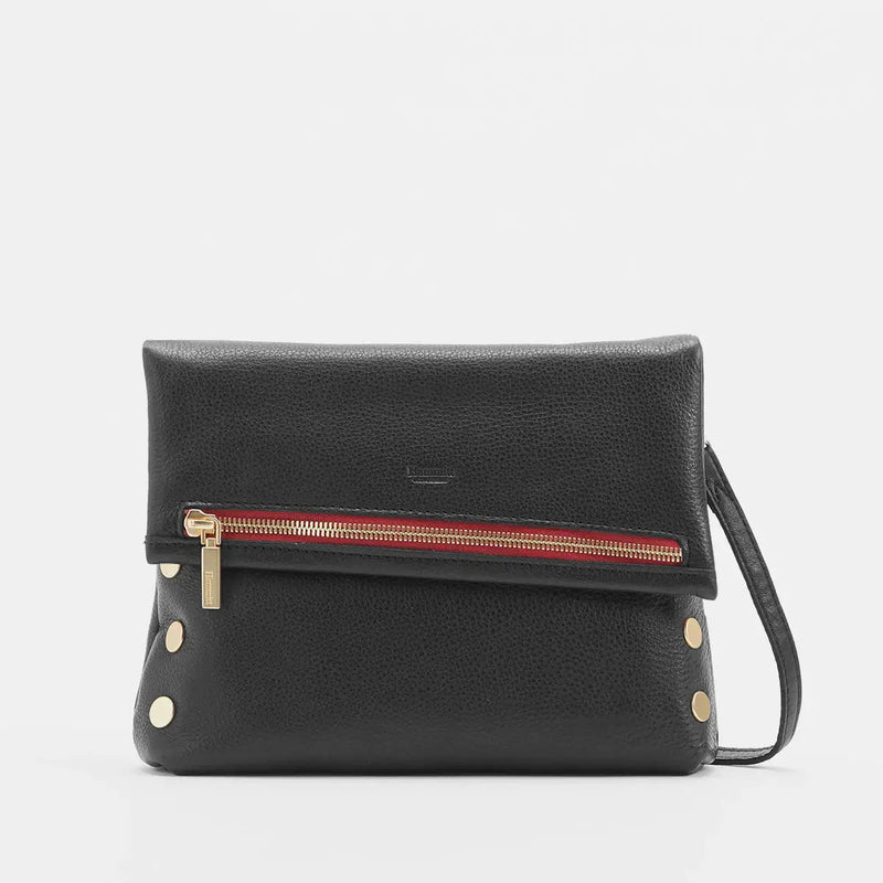 VIP Med Zippered Leather Crossbody Clutch Black/Brushed Gold Red Zip-Rebel Romance