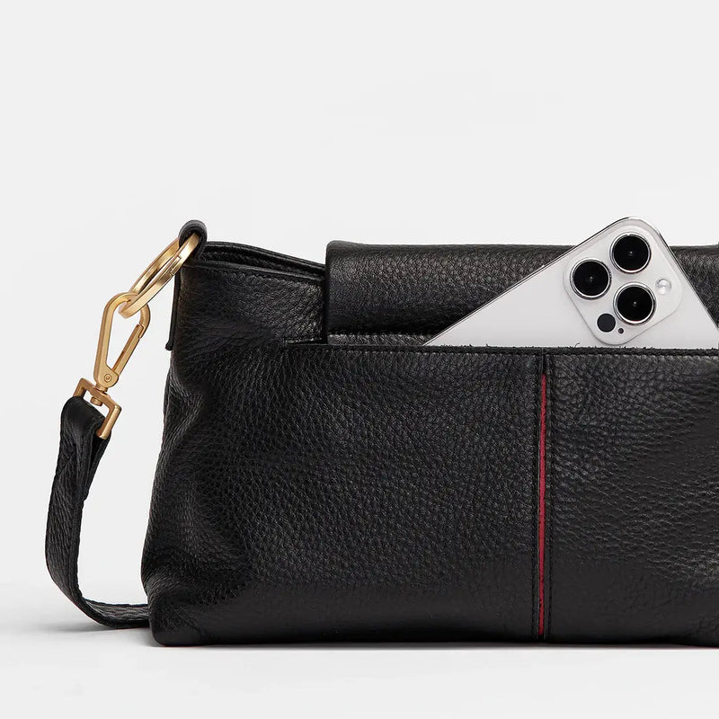 Hammitt VIP Satchel Leather Shoulder Bag Black/Gold Red Zip-Rebel Romance