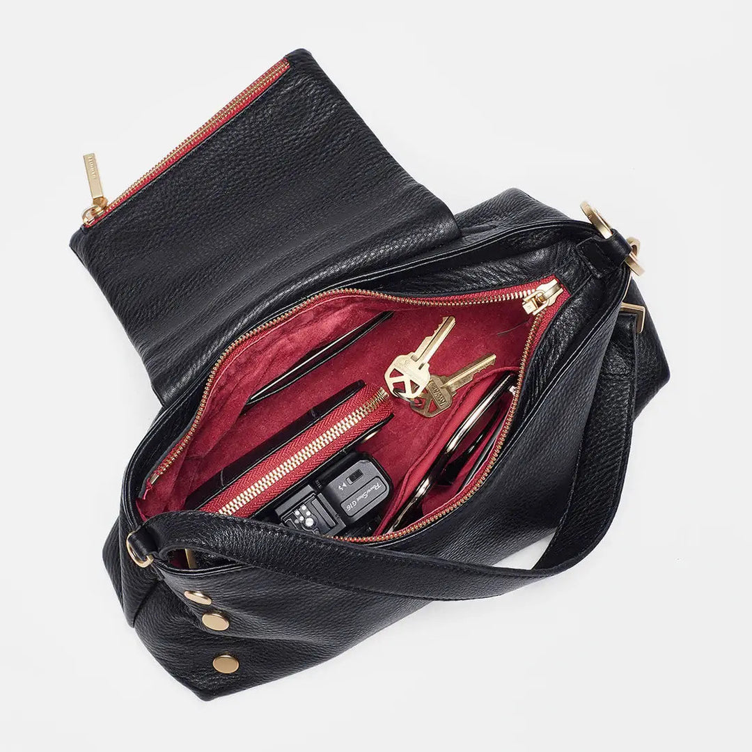 Hammitt VIP Satchel Leather Shoulder Bag Black/Gold Red Zip