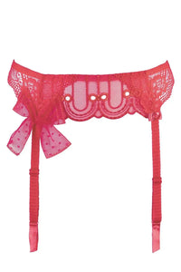 Sensual red lace and tulle garter belt with delicate ornamentation, subtle gloss, and adjustable straps.