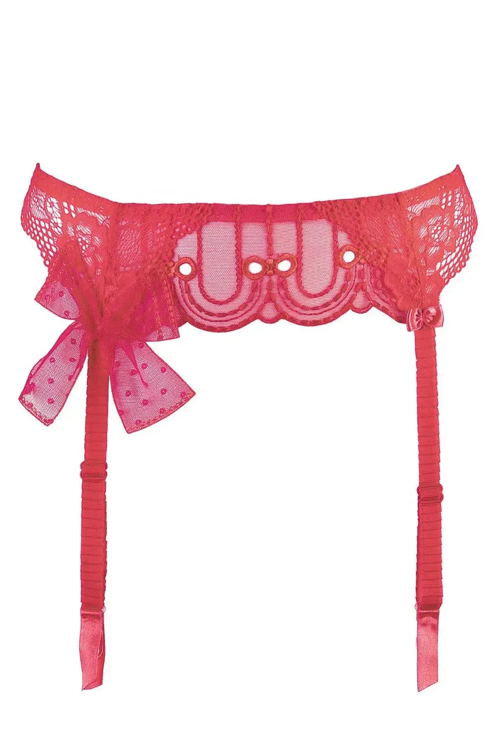 Sensual red lace and tulle garter belt with delicate ornamentation, subtle gloss, and adjustable straps.