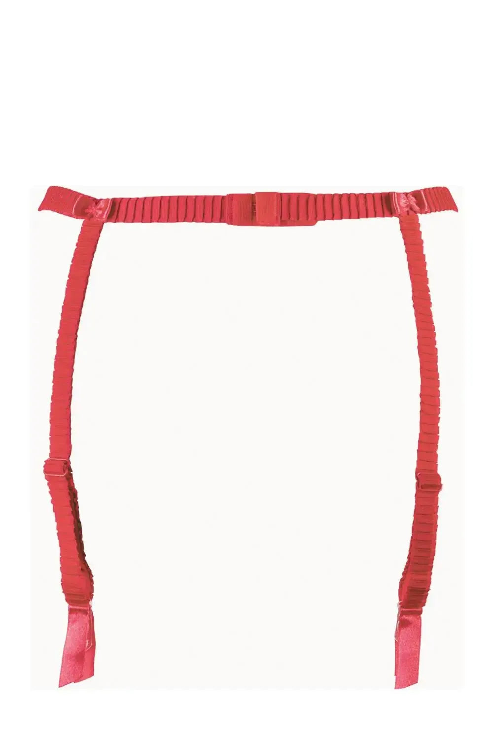 Sensual red glossy garter belt with delicate lace and tulle ornamentation, adjustable straps.