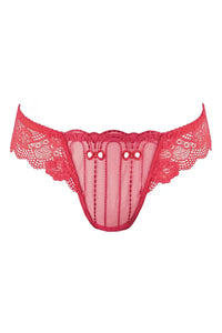 Vibrant red Axami Watermelon embroidery lace thong with sheer panels and delicate scalloped edges.
