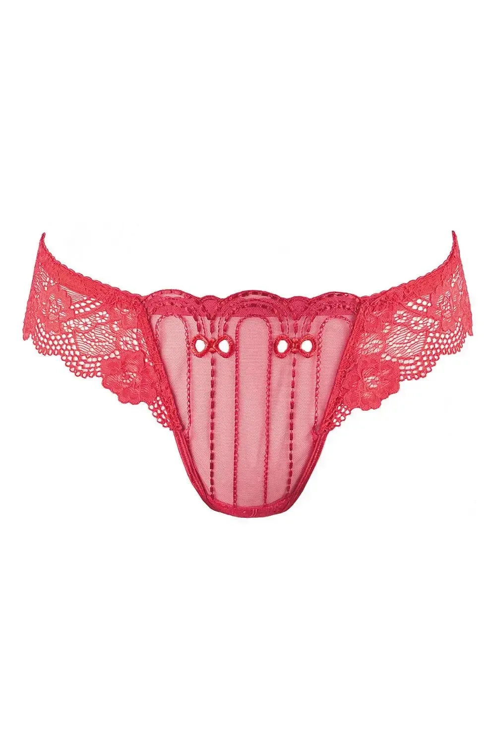 Vibrant red Axami Watermelon embroidery lace thong with sheer panels and delicate scalloped edges.
