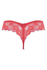 Vibrant red Axami Watermelon Embroidery Lace Thong with sheer lace and delicate bow detail.