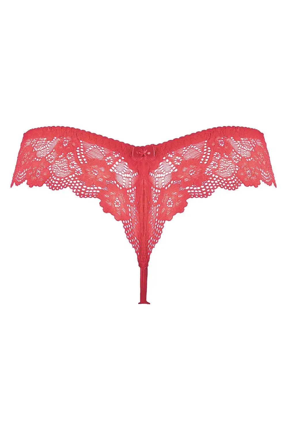 Vibrant red Axami Watermelon Embroidery Lace Thong with sheer lace and delicate bow detail.