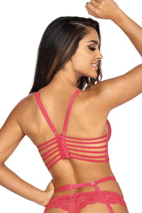 Axami Watermelon longline unlined bra in neon red with pink accents, featuring sheer lace and a multi-strap back.