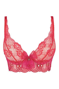 Axami Watermelon longline unlined bra in neon red sheer lace with pink accents and rhinestone charm.