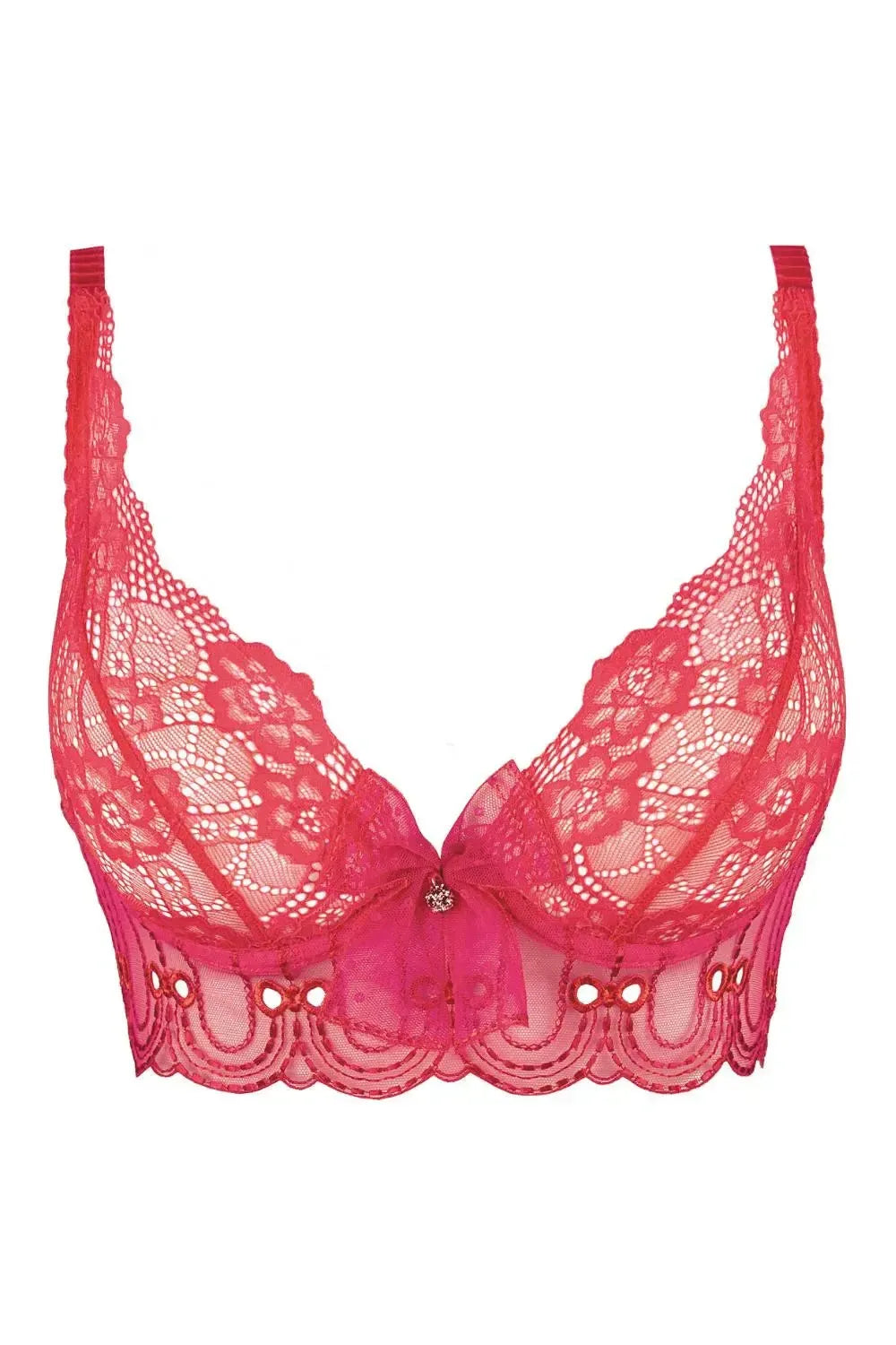 Axami Watermelon longline unlined bra in neon red sheer lace with pink accents and rhinestone charm.