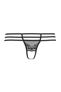 Black Axami Wish crotchless G-string with delicate lace and intriguing strips for seductive styling.