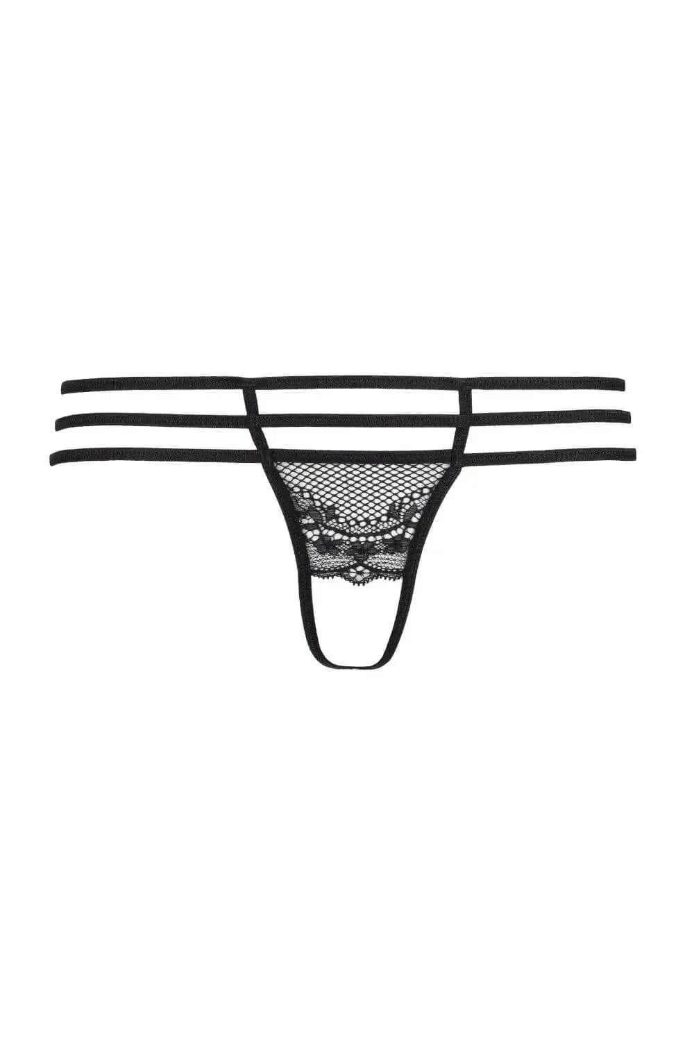 Black Axami Wish crotchless G-string with delicate lace and intriguing strips for seductive styling.