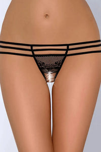 Black Axami Wish Crotchless G-String with delicate lace, intriguing strips, and open crotch design.