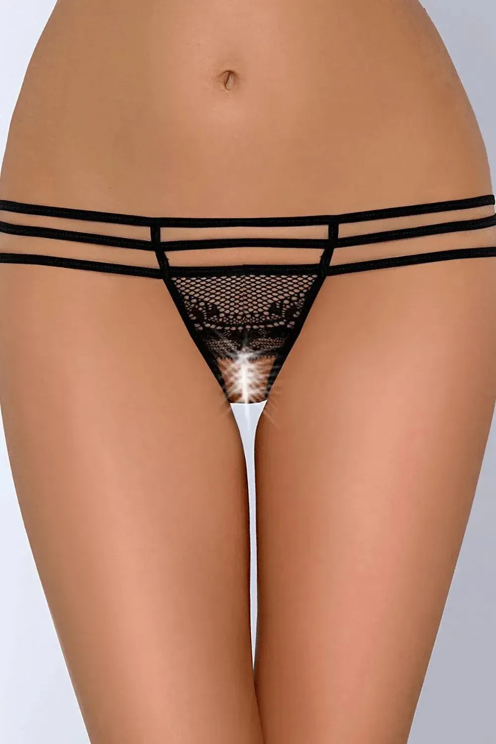 Black Axami Wish Crotchless G-String with delicate lace, intriguing strips, and open crotch design.