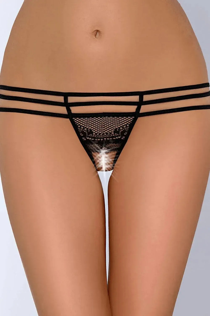 Black Axami Wish Crotchless G-String with delicate lace, intriguing strips, and open crotch design.