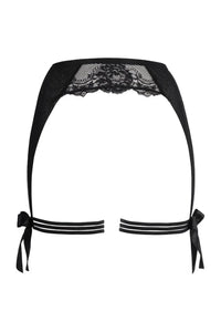 Black Axami Wish garter belt with delicate lace trim, satin bows, and attached fishnet stocking straps.