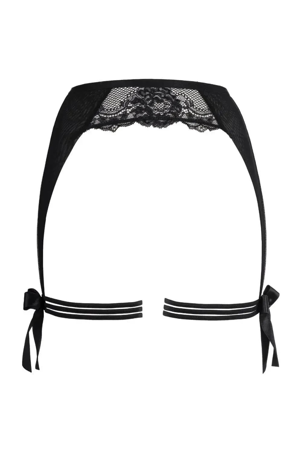 Black Axami Wish garter belt with delicate lace trim, satin bows, and attached fishnet stocking straps.