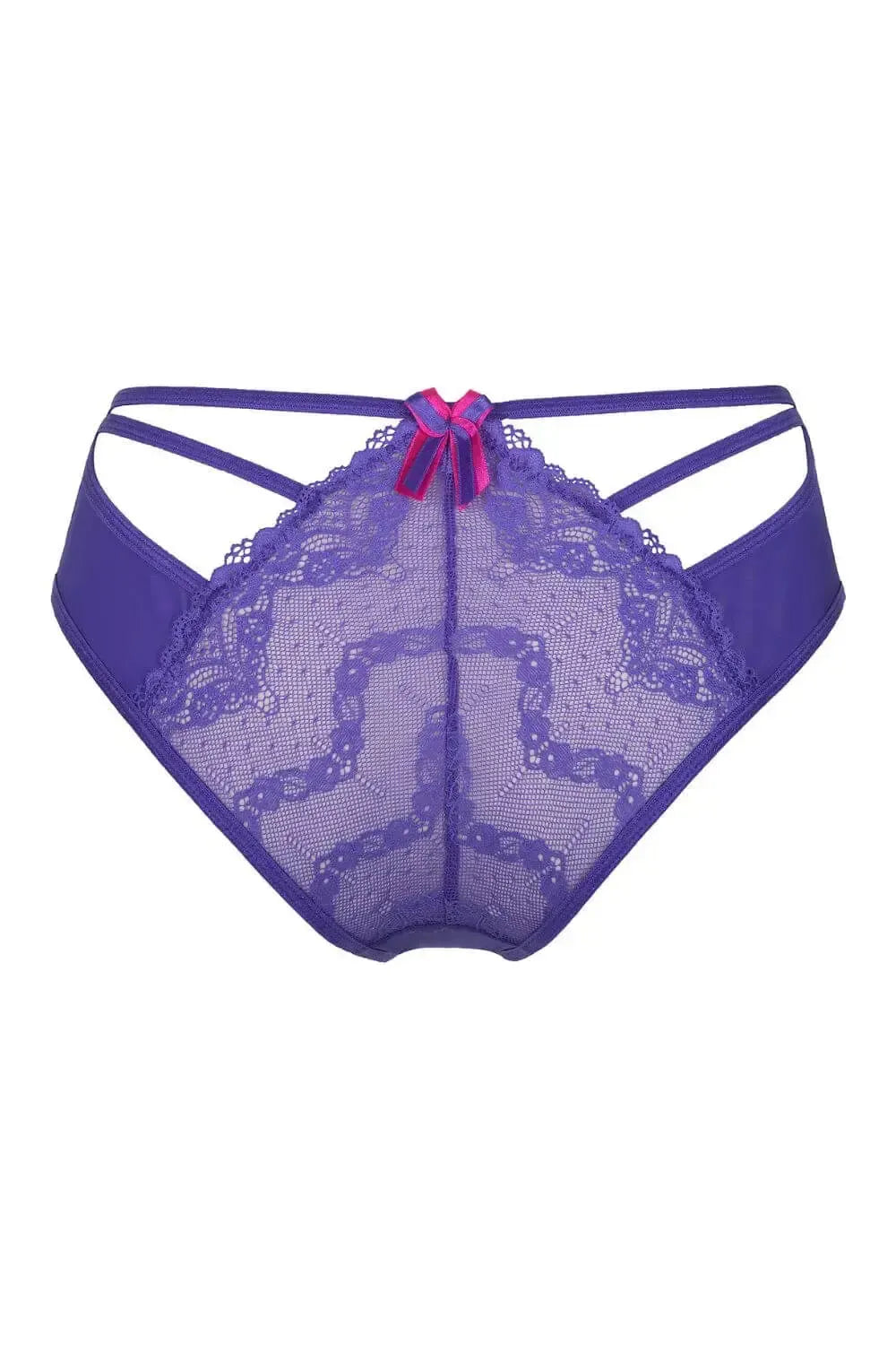 Axami Wisteria vivid purple lace bikini briefs with coquettish cut-outs and a charming pink bow.