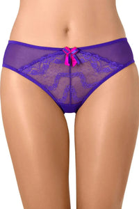 Vivid purple lace bikini briefs with a coquettish pink bow, highlighting hips and waist.